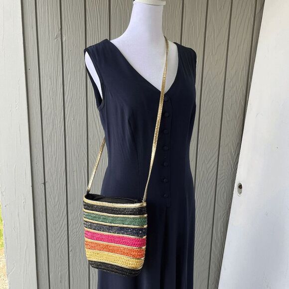 Vintage Rainbow Straw Crossbody Bag w/ Gold Strap – Colorful Boho Style - Picture 7 of 8